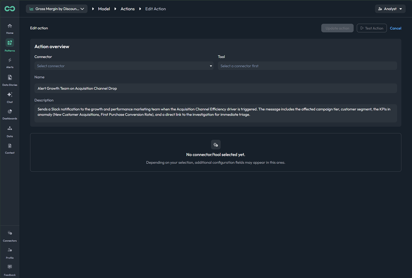Configure the action, see what it does and who it notifies, and test before it runs