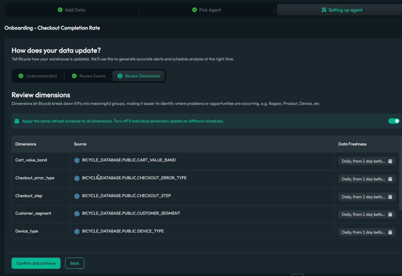 Bicycle onboarding, Review dimensions step: Cart_value_band, Checkout_error_type, Checkout_step, Customer_segment and Device_type, each mapped to a Snowflake table and set to refresh daily.